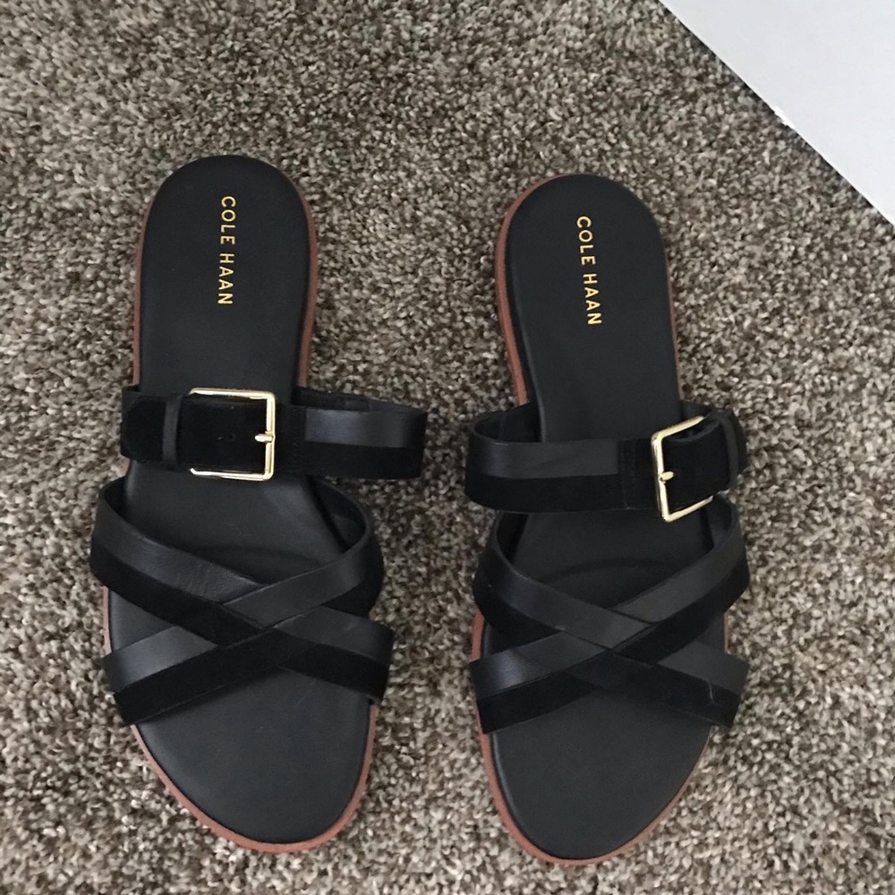 NWOT Cole Haan black and gold fairen slide sandals.